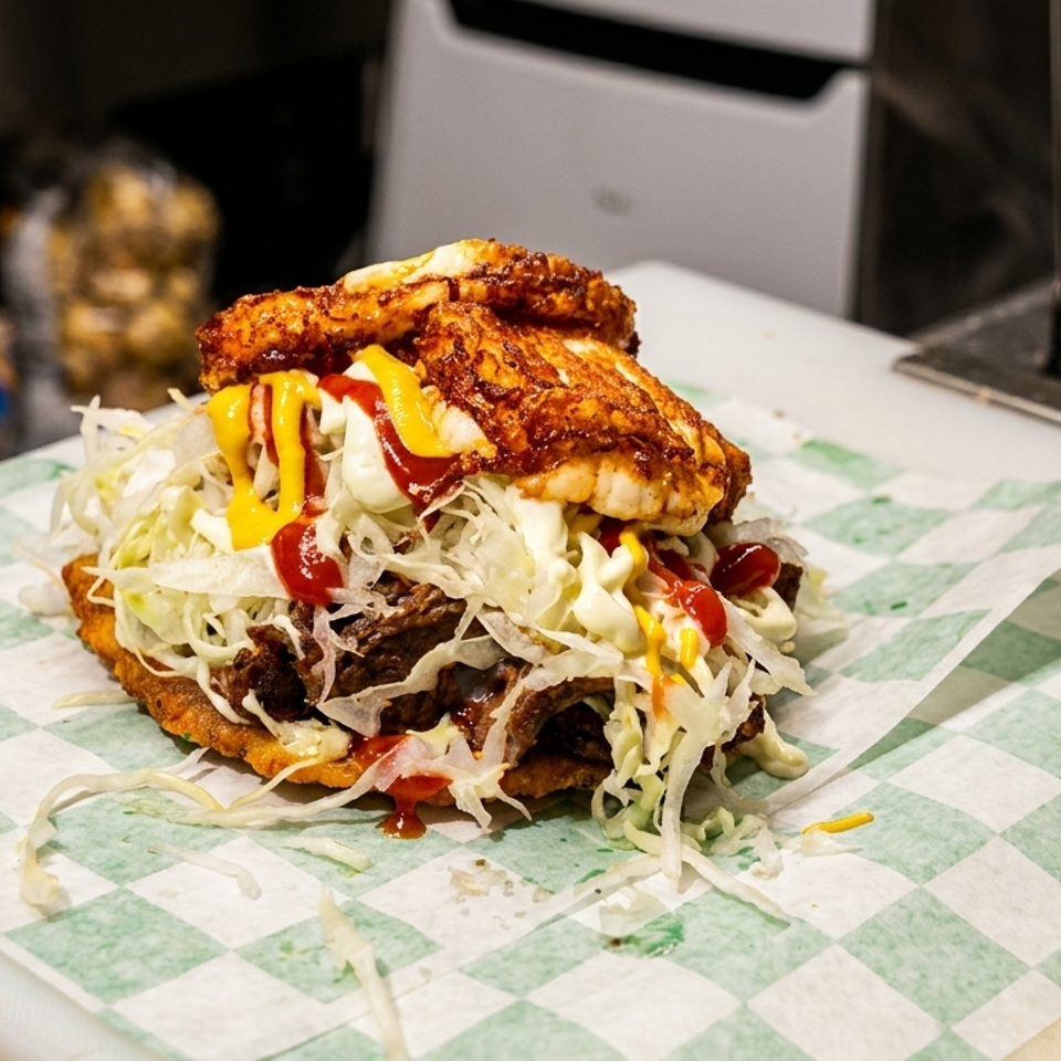 A large, loaded arepa with shredded meat, cabbage, and sauces on checkered paper.
