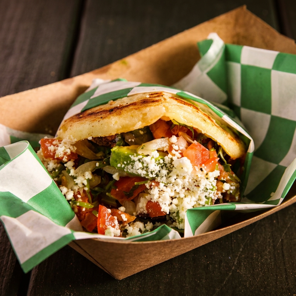 Arepa filled with fresh vegetables, avocado, and crumbled white cheese in a paper tray.