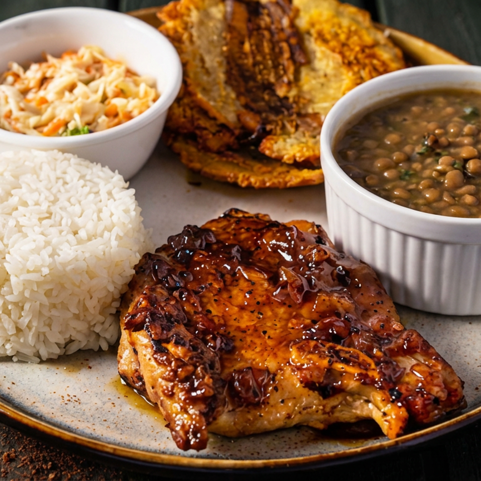 A plate of grilled chicken, white rice, coleslaw, lentils, and fried plantains on a dark wooden table.