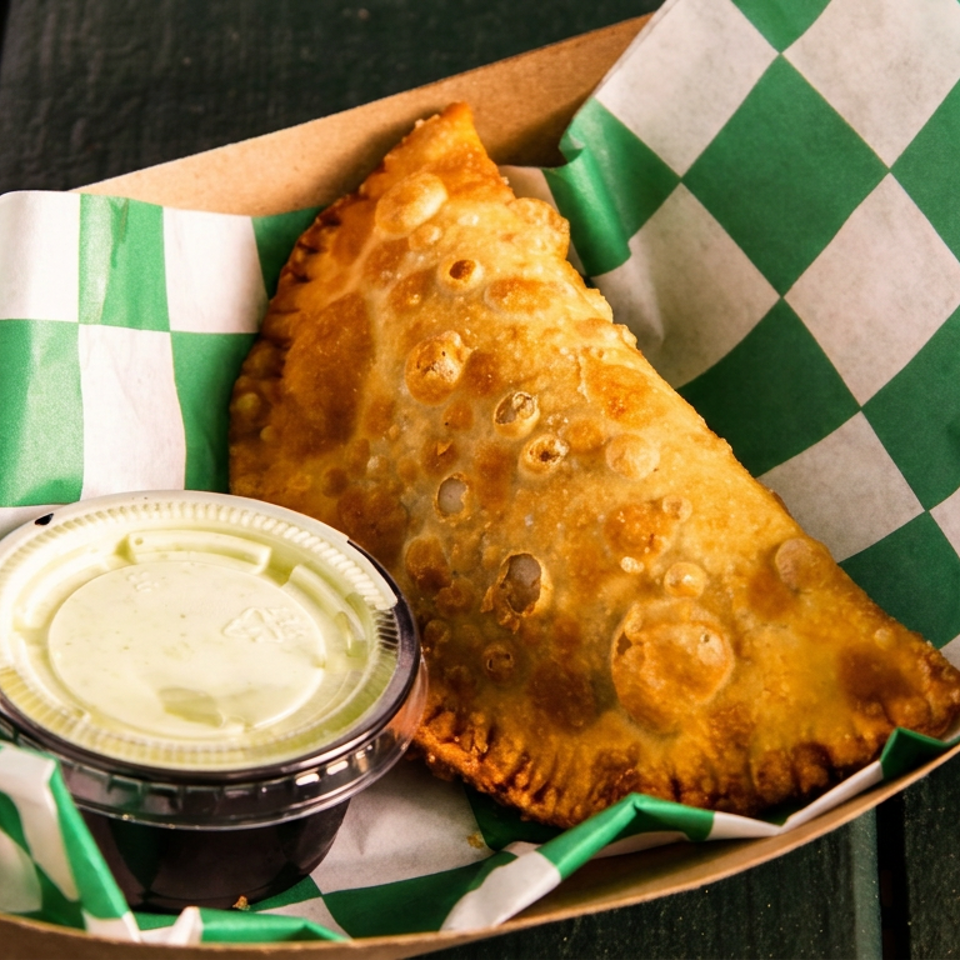 Golden-brown empanada and a small cup of green sauce in a paper tray with checkered liner.