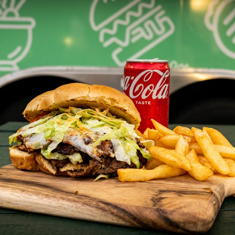 A large sandwich, fries, and a Coca-Cola can on a wooden board with a green food truck in the background.