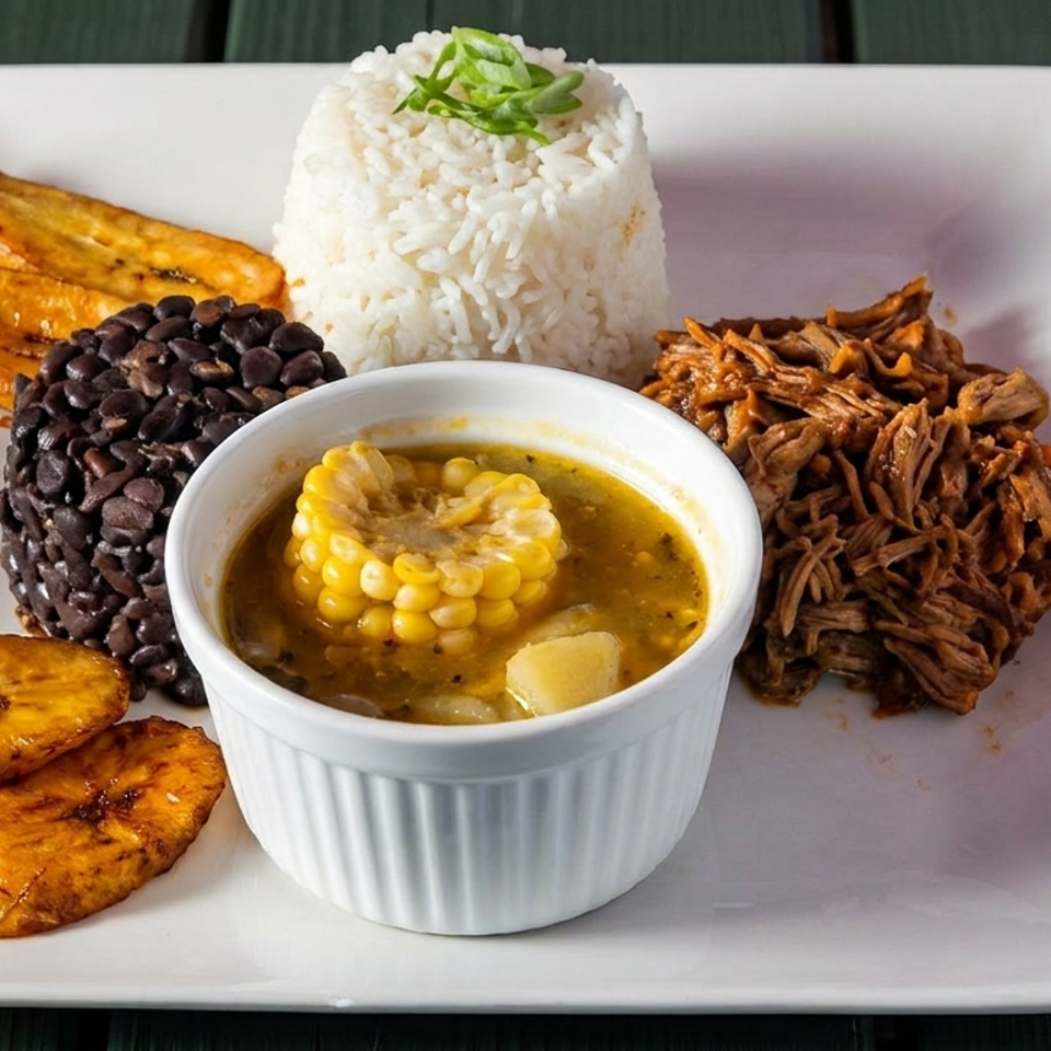 A white plate with rice, black beans, plantains, shredded meat, and a bowl of soup with corn.